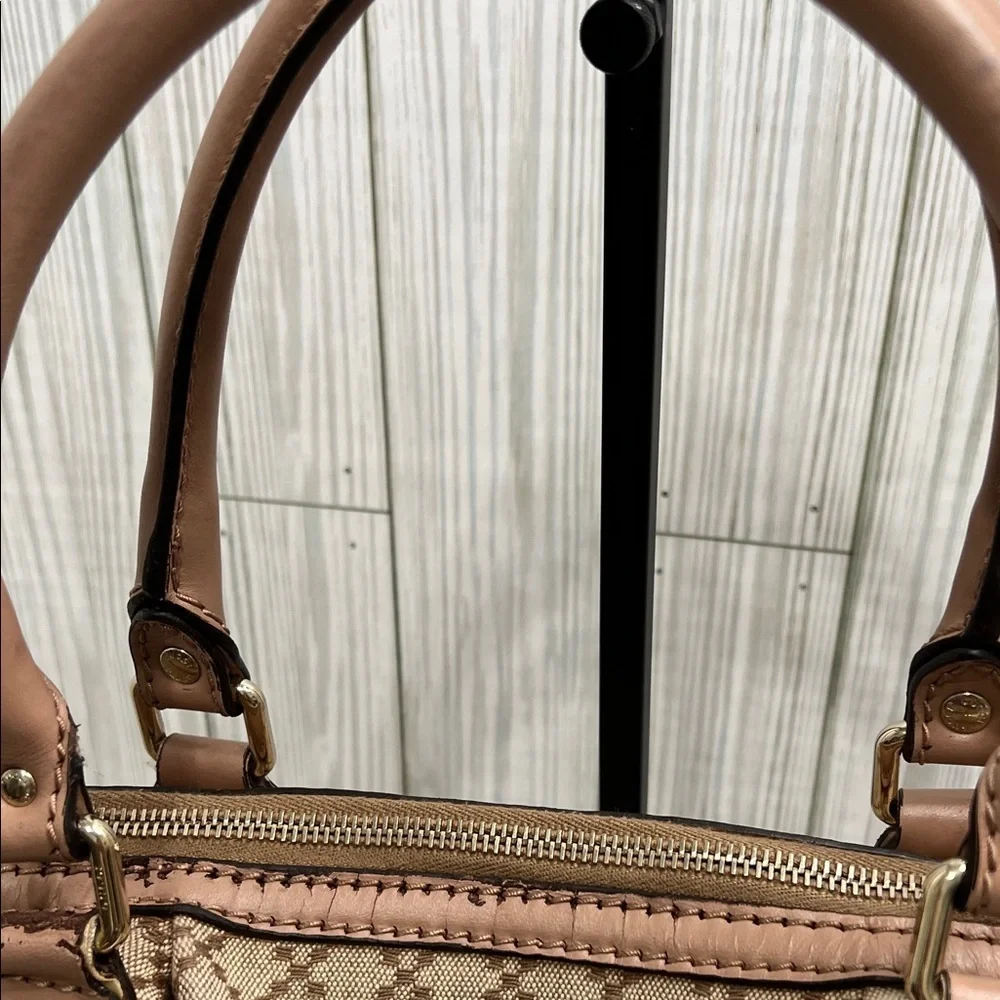 Gucci Beige Canvas Satchel Leather Trim Handbag